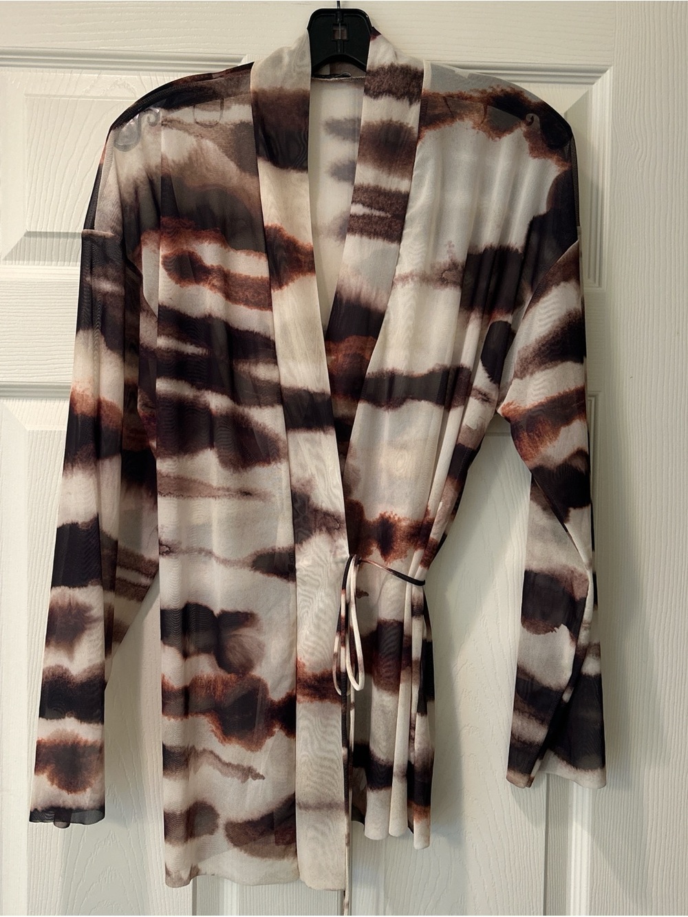 Zara Sheer Tie-Front Wrap Cardigan in Cream, Brown & Black